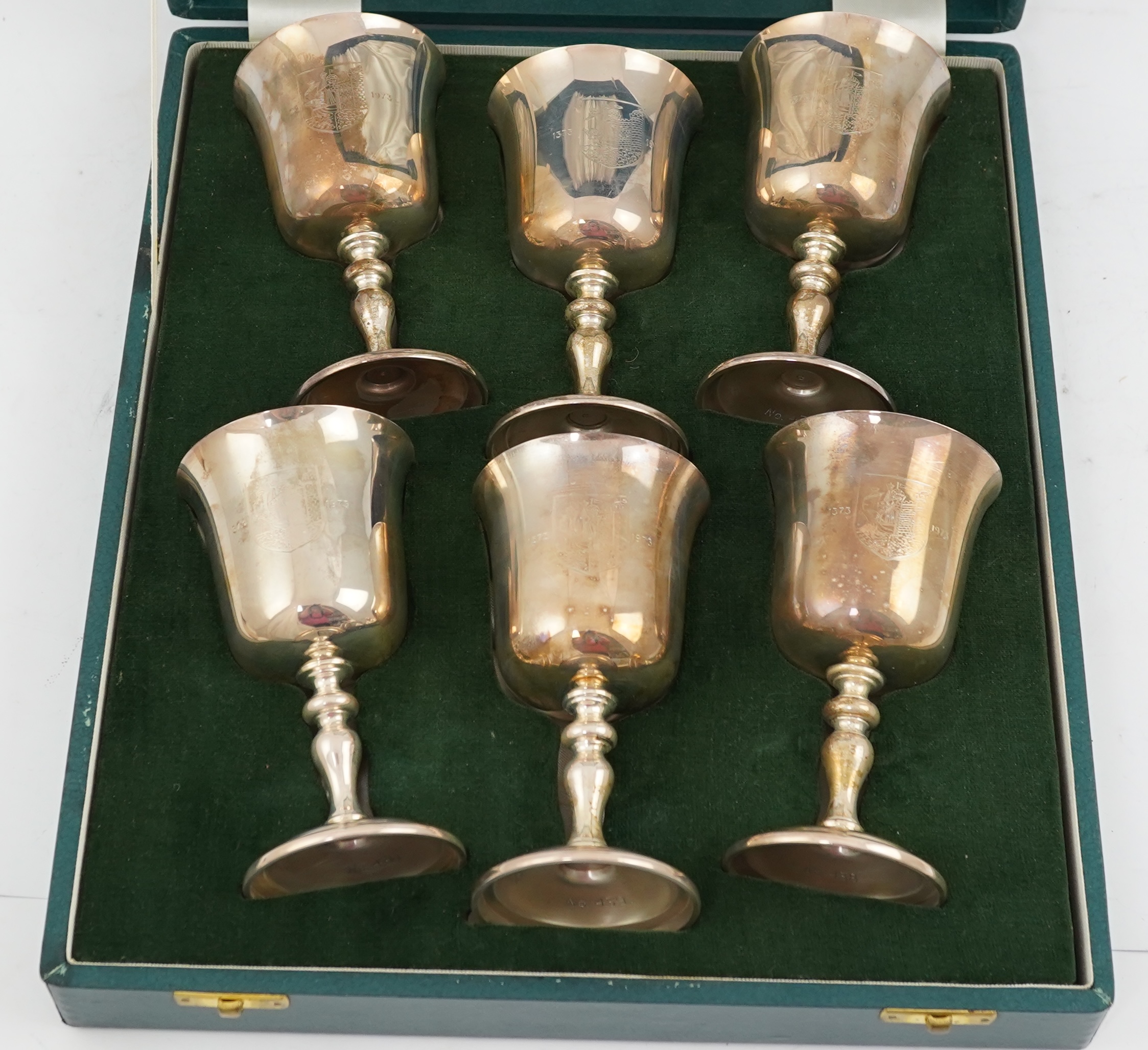 A cased set of six limited edition Elizabeth II silver Bristol Charter 600th Anniversary commemorative goblets by Barker Ellis Silver Co